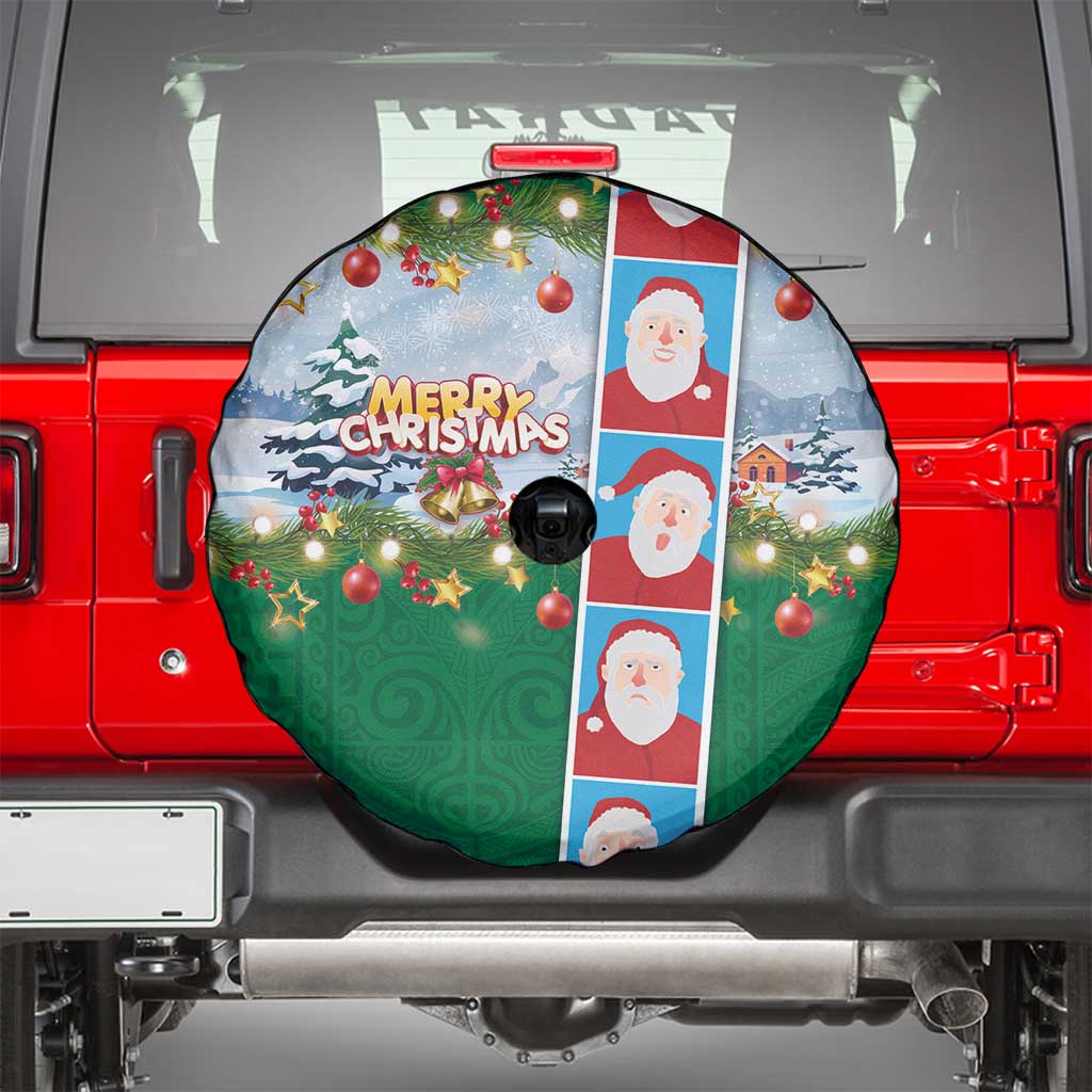 Merry Christmas Spare Tire Cover Funny Santa Claus Cards Photo and Polynesian Pattern Green Color LT03 - Polynesian Pride