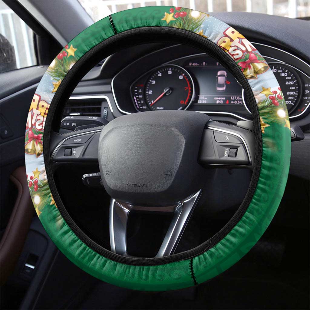 Merry Christmas Steering Wheel Cover Funny Santa Claus Cards Photo and Polynesian Pattern Green Color LT03 - Polynesian Pride