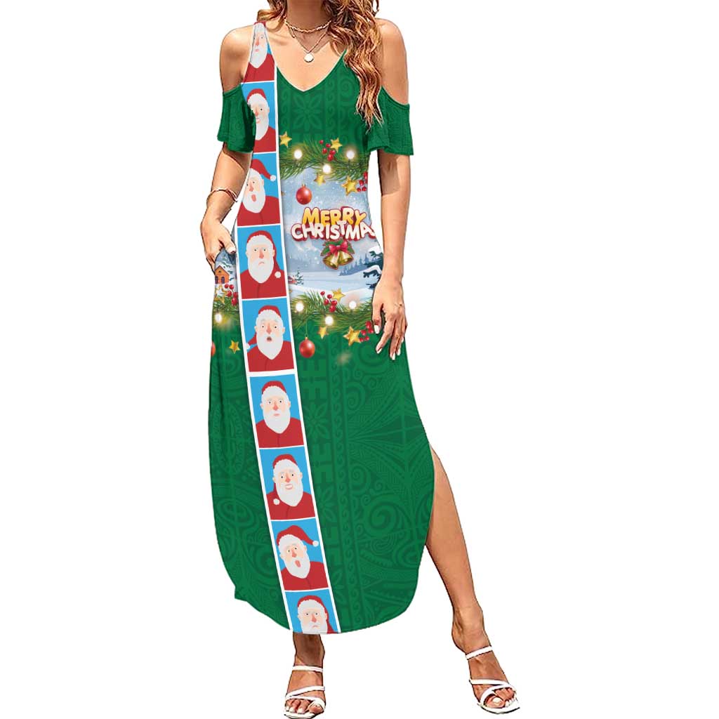 Merry Christmas Summer Maxi Dress Funny Santa Claus Cards Photo and Polynesian Pattern Green Color LT03 Women Green - Polynesian Pride