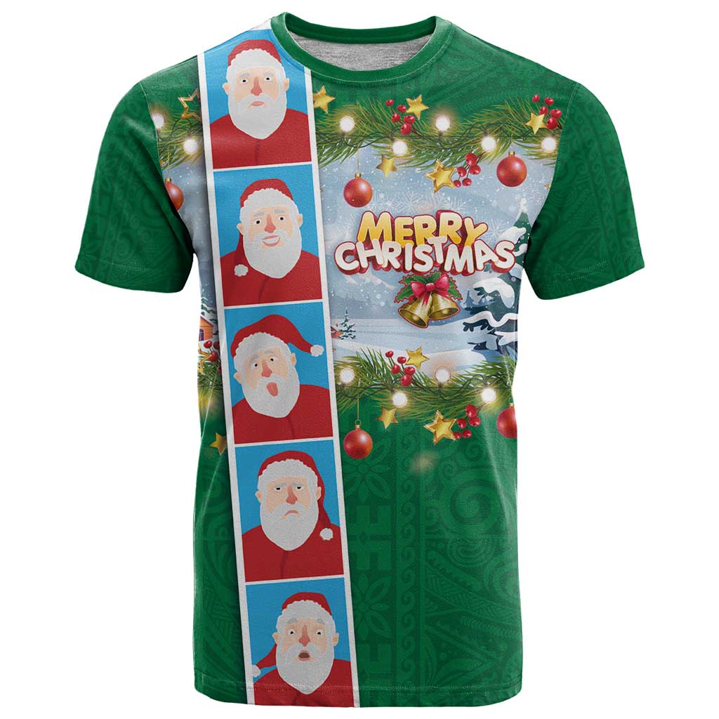 Merry Christmas T Shirt Funny Santa Claus Cards Photo and Polynesian Pattern Green Color LT03 Green - Polynesian Pride