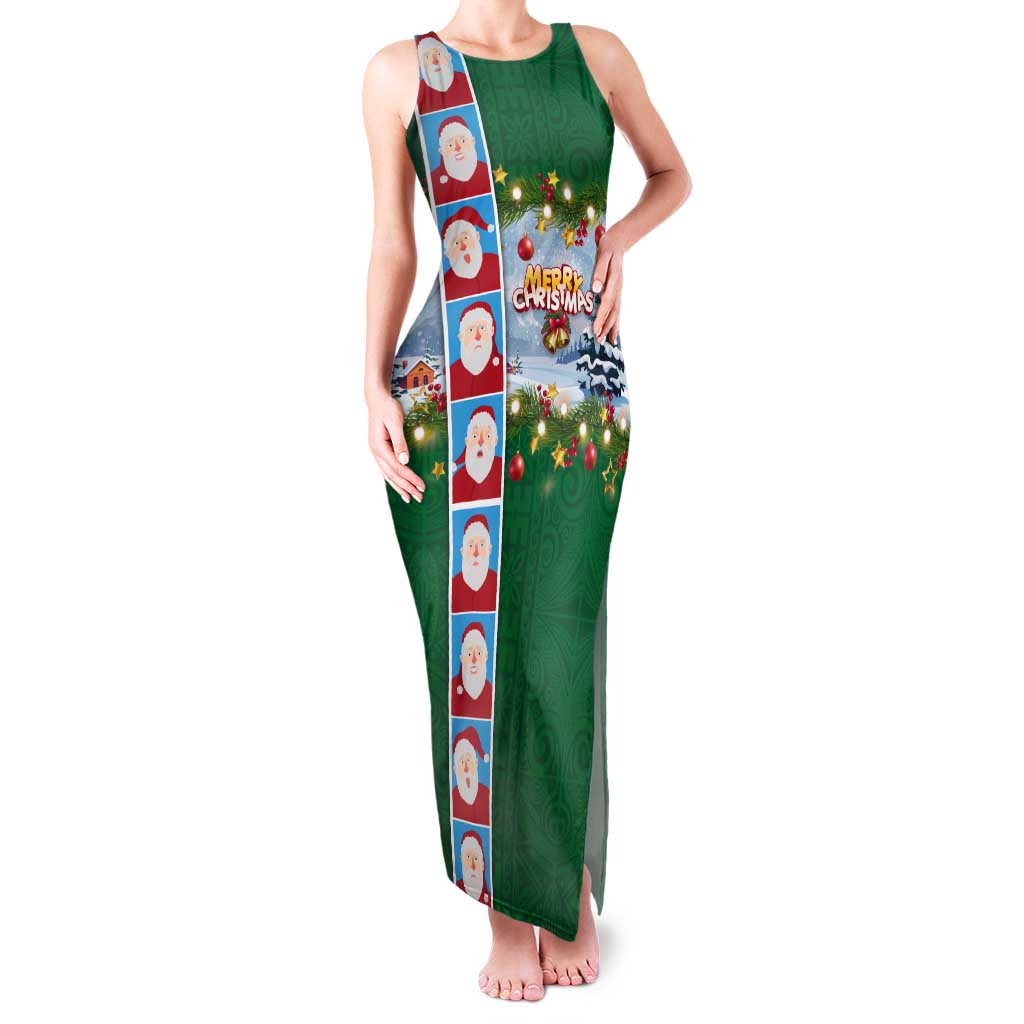 Merry Christmas Tank Maxi Dress Funny Santa Claus Cards Photo and Polynesian Pattern Green Color LT03 Women Green - Polynesian Pride