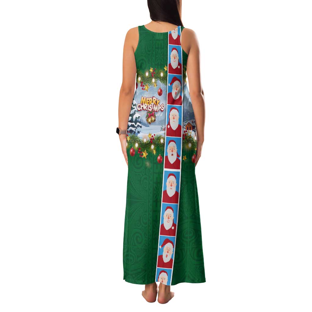 Merry Christmas Tank Maxi Dress Funny Santa Claus Cards Photo and Polynesian Pattern Green Color LT03 - Polynesian Pride