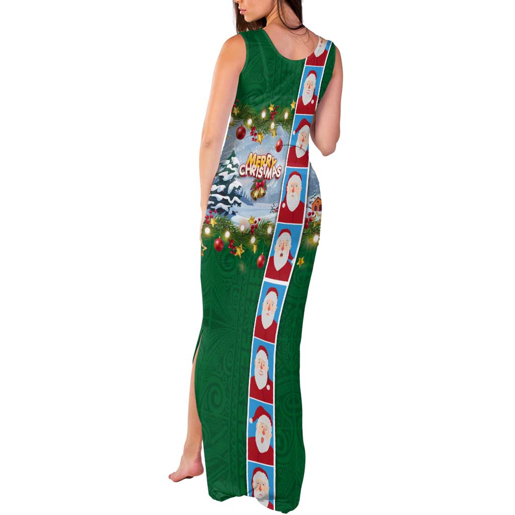 Merry Christmas Tank Maxi Dress Funny Santa Claus Cards Photo and Polynesian Pattern Green Color LT03 - Polynesian Pride