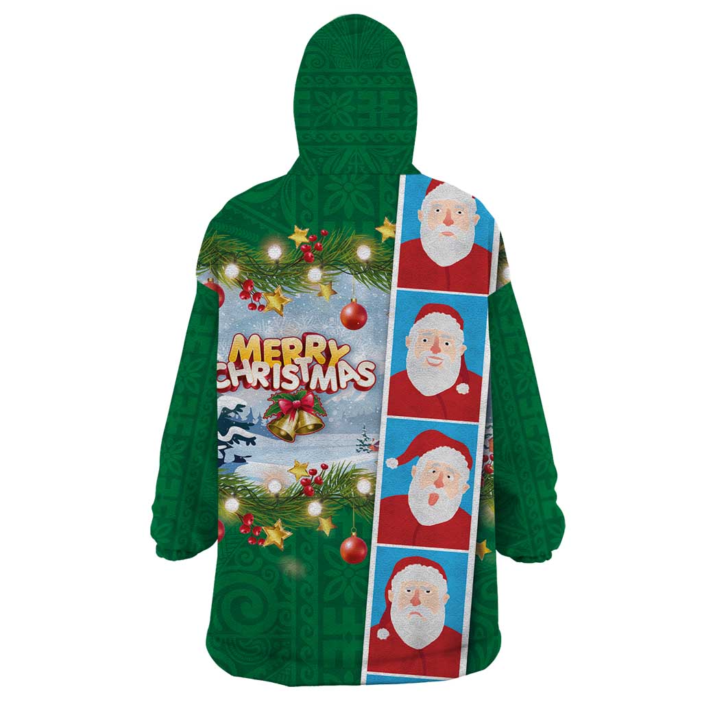 Merry Christmas Wearable Blanket Hoodie Funny Santa Claus Cards Photo and Polynesian Pattern Green Color LT03 - Polynesian Pride