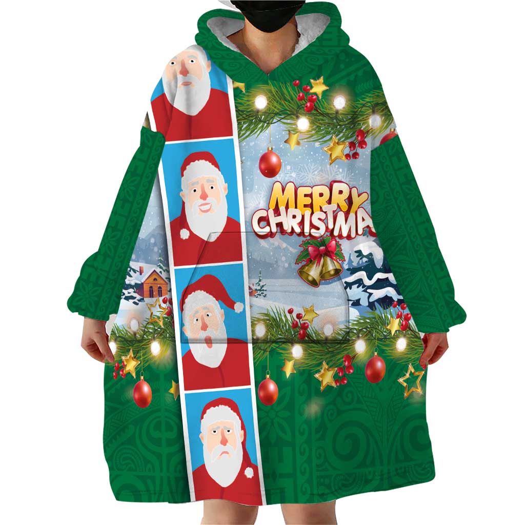 Merry Christmas Wearable Blanket Hoodie Funny Santa Claus Cards Photo and Polynesian Pattern Green Color LT03 - Polynesian Pride