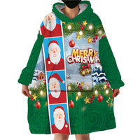 Merry Christmas Wearable Blanket Hoodie Funny Santa Claus Cards Photo and Polynesian Pattern Green Color LT03 - Polynesian Pride
