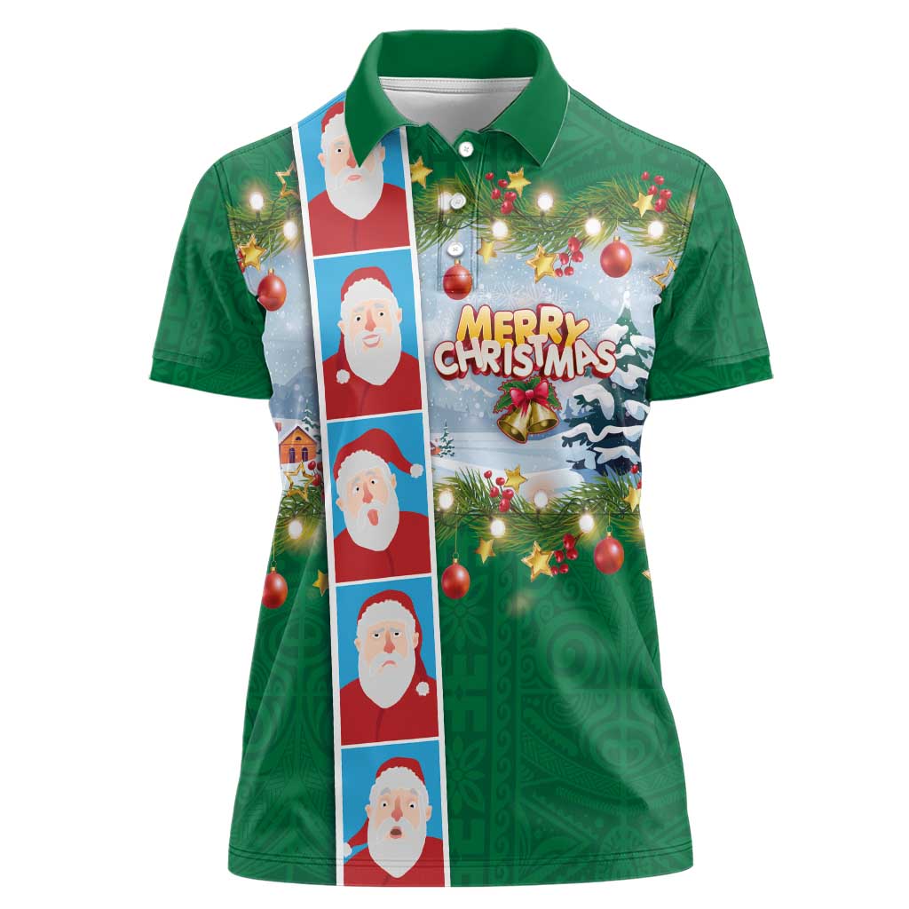 Merry Christmas Women Polo Shirt Funny Santa Claus Cards Photo and Polynesian Pattern Green Color