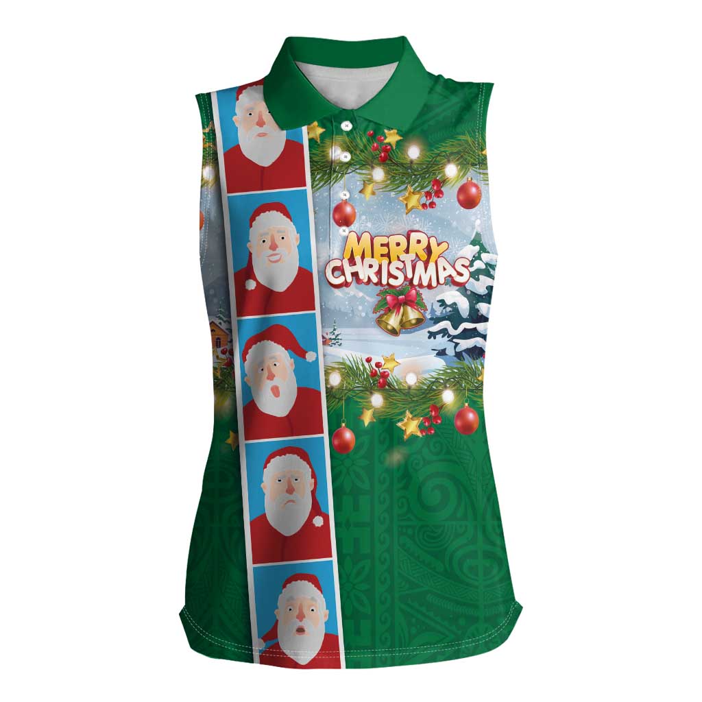 Merry Christmas Women Sleeveless Polo Shirt Funny Santa Claus Cards Photo and Polynesian Pattern Green Color LT03 Female Green - Polynesian Pride
