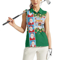 Merry Christmas Women Sleeveless Polo Shirt Funny Santa Claus Cards Photo and Polynesian Pattern Green Color LT03 - Polynesian Pride