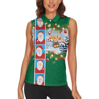 Merry Christmas Women Sleeveless Polo Shirt Funny Santa Claus Cards Photo and Polynesian Pattern Green Color LT03 - Polynesian Pride