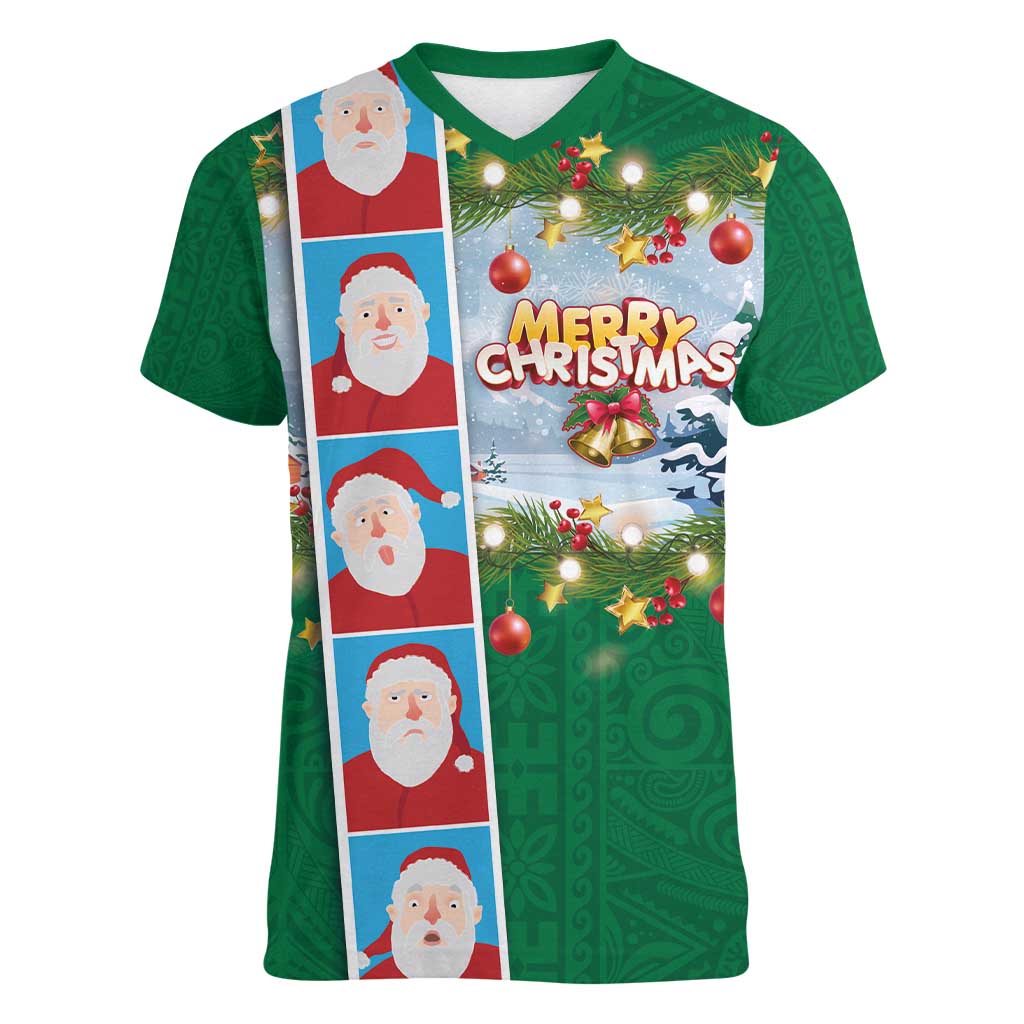 Merry Christmas Women V-Neck T-Shirt Funny Santa Claus Cards Photo and Polynesian Pattern Green Color LT03 Female Green - Polynesian Pride