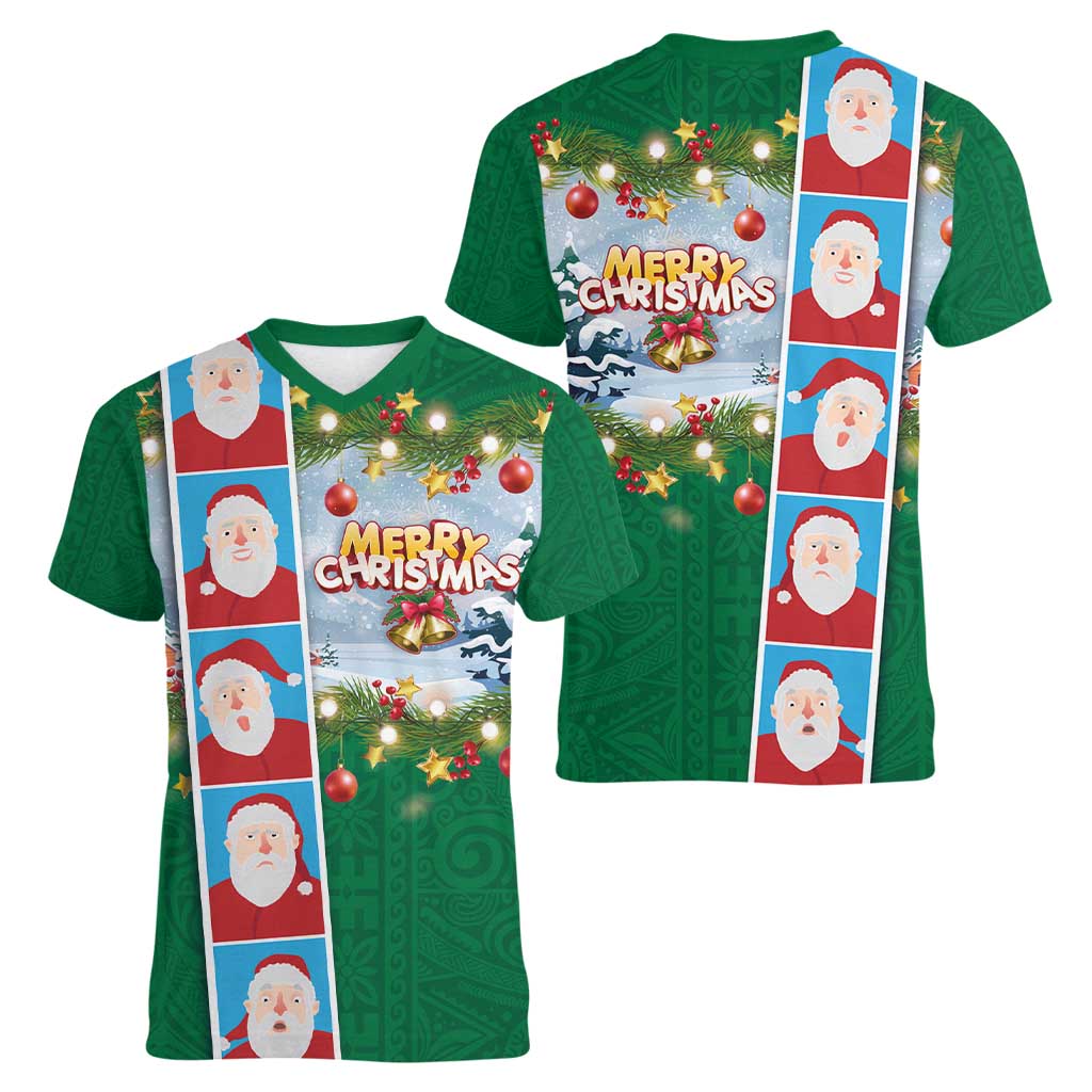 Merry Christmas Women V-Neck T-Shirt Funny Santa Claus Cards Photo and Polynesian Pattern Green Color LT03 - Polynesian Pride