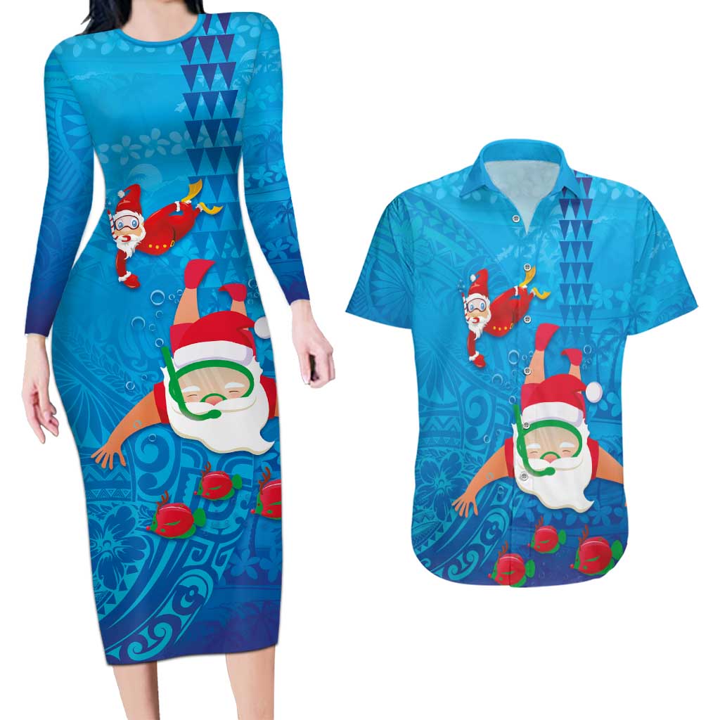 Hawaiian Santa Claus Snorkeling Couples Matching Long Sleeve Bodycon Dress and Hawaiian Shirt Kakau and Polynesian Pattern LT03 Blue - Polynesian Pride