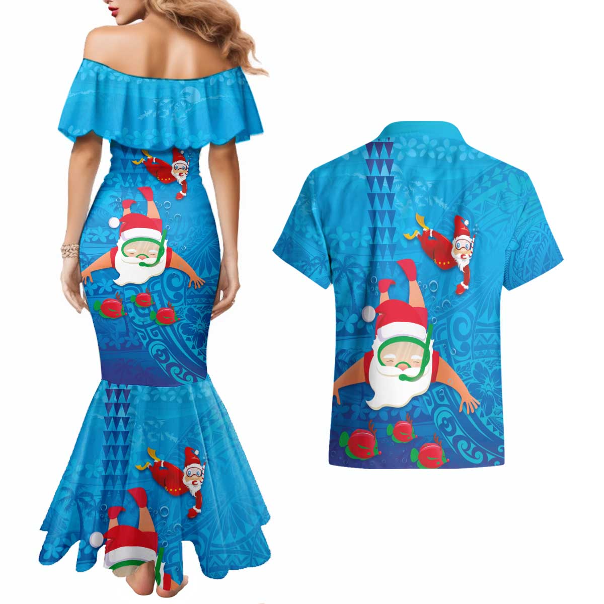 Hawaiian Santa Claus Snorkeling Couples Matching Mermaid Dress and Hawaiian Shirt Kakau and Polynesian Pattern LT03 - Polynesian Pride