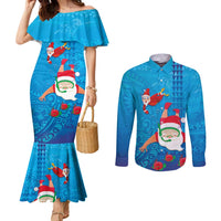 Hawaiian Santa Claus Snorkeling Couples Matching Mermaid Dress and Long Sleeve Button Shirt Kakau and Polynesian Pattern LT03 Blue - Polynesian Pride