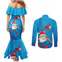 Hawaiian Santa Claus Snorkeling Couples Matching Mermaid Dress and Long Sleeve Button Shirt Kakau and Polynesian Pattern LT03 - Polynesian Pride
