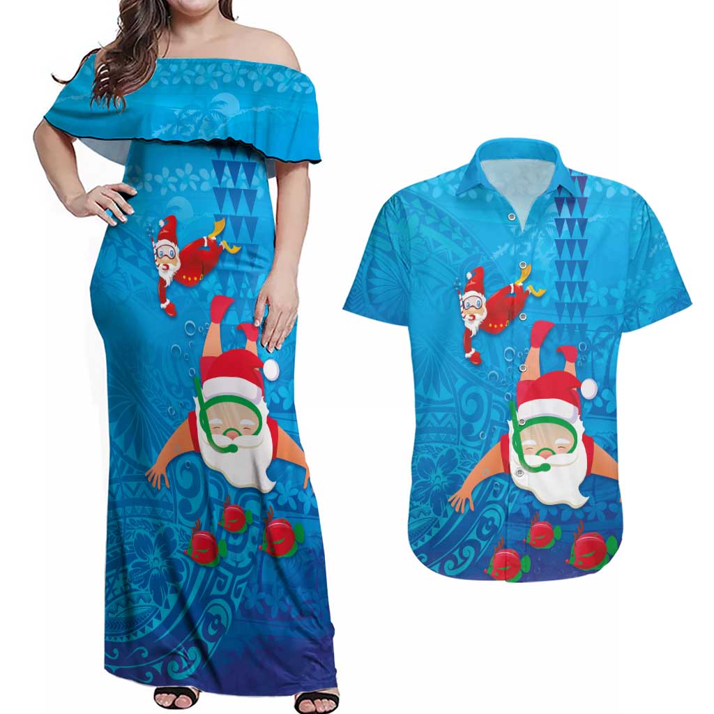 Hawaiian Santa Claus Snorkeling Couples Matching Off Shoulder Maxi Dress and Hawaiian Shirt Kakau and Polynesian Pattern LT03 Blue - Polynesian Pride