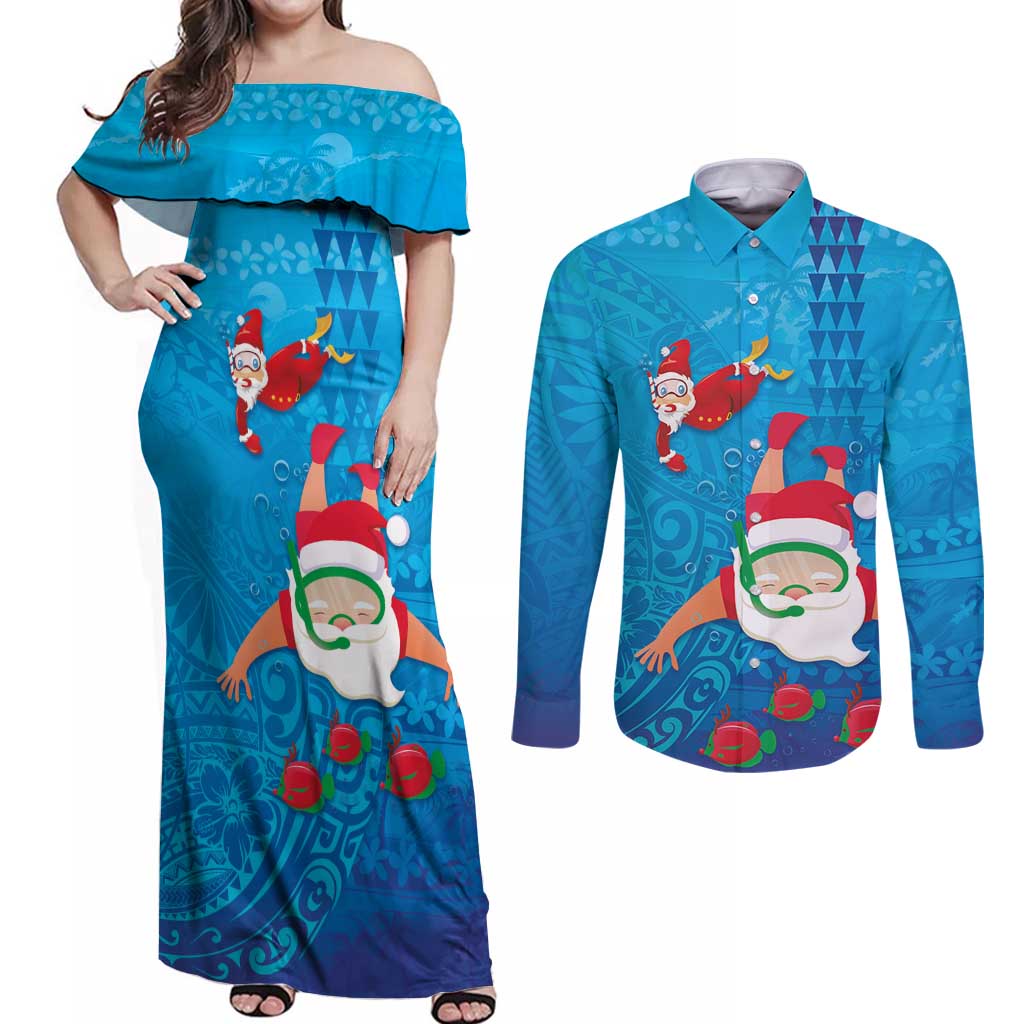 Hawaiian Santa Claus Snorkeling Couples Matching Off Shoulder Maxi Dress and Long Sleeve Button Shirt Kakau and Polynesian Pattern LT03 Blue - Polynesian Pride