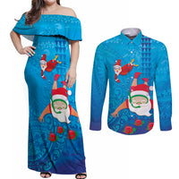 Hawaiian Santa Claus Snorkeling Couples Matching Off Shoulder Maxi Dress and Long Sleeve Button Shirt Kakau and Polynesian Pattern LT03 Blue - Polynesian Pride