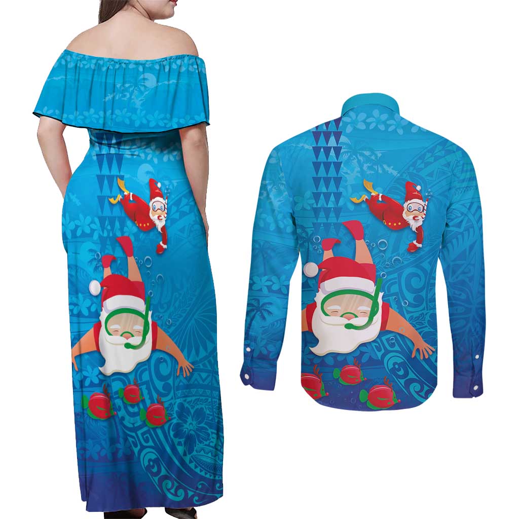 Hawaiian Santa Claus Snorkeling Couples Matching Off Shoulder Maxi Dress and Long Sleeve Button Shirt Kakau and Polynesian Pattern LT03 - Polynesian Pride
