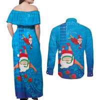 Hawaiian Santa Claus Snorkeling Couples Matching Off Shoulder Maxi Dress and Long Sleeve Button Shirt Kakau and Polynesian Pattern LT03 - Polynesian Pride
