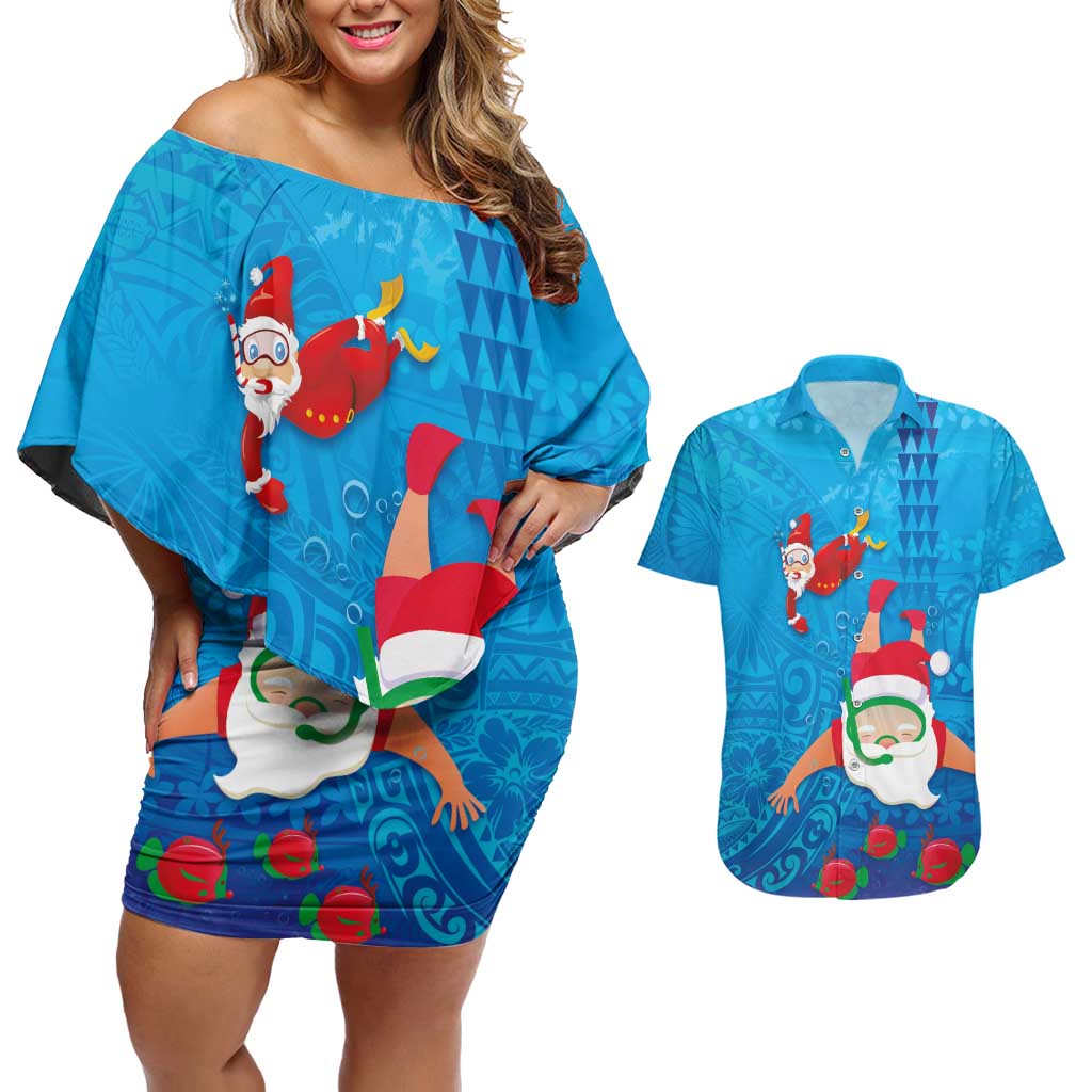 Hawaiian Santa Claus Snorkeling Couples Matching Off Shoulder Short Dress and Hawaiian Shirt Kakau and Polynesian Pattern LT03 Blue - Polynesian Pride