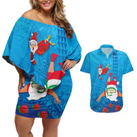 Hawaiian Santa Claus Snorkeling Couples Matching Off Shoulder Short Dress and Hawaiian Shirt Kakau and Polynesian Pattern LT03 Blue - Polynesian Pride