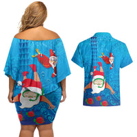 Hawaiian Santa Claus Snorkeling Couples Matching Off Shoulder Short Dress and Hawaiian Shirt Kakau and Polynesian Pattern LT03 - Polynesian Pride
