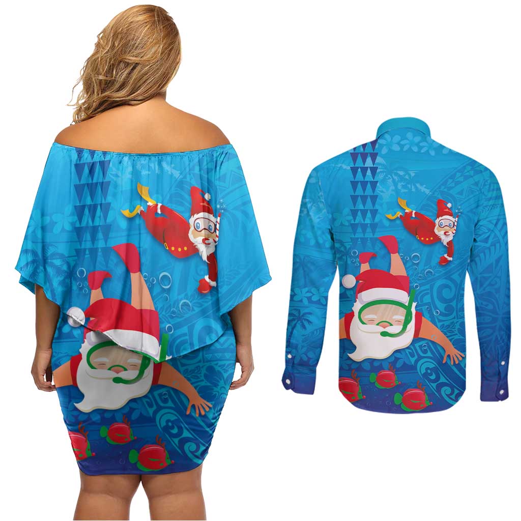 Hawaiian Santa Claus Snorkeling Couples Matching Off Shoulder Short Dress and Long Sleeve Button Shirt Kakau and Polynesian Pattern LT03 - Polynesian Pride