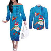 Hawaiian Santa Claus Snorkeling Couples Matching Off The Shoulder Long Sleeve Dress and Long Sleeve Button Shirt Kakau and Polynesian Pattern LT03 Blue - Polynesian Pride