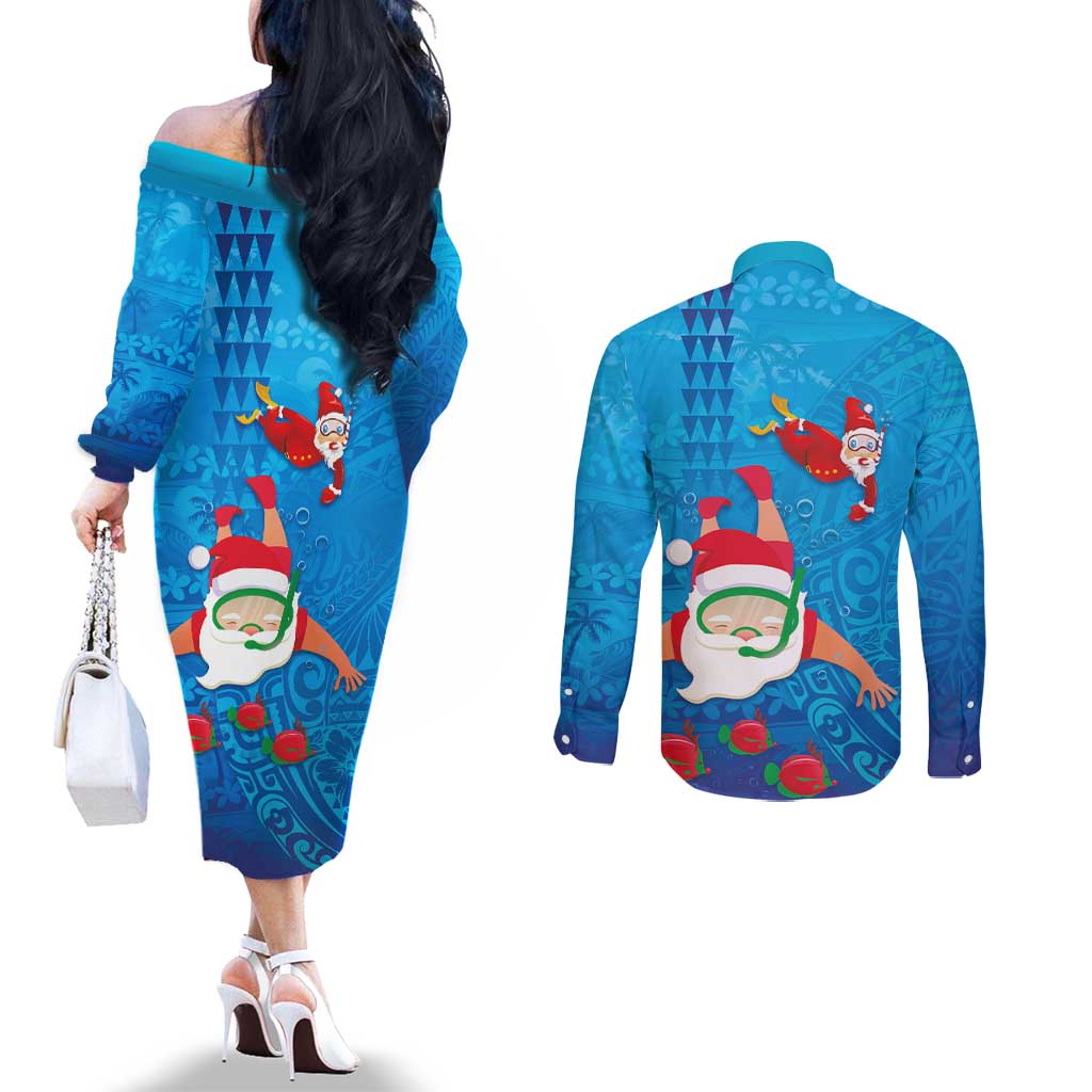 Hawaiian Santa Claus Snorkeling Couples Matching Off The Shoulder Long Sleeve Dress and Long Sleeve Button Shirt Kakau and Polynesian Pattern LT03 - Polynesian Pride