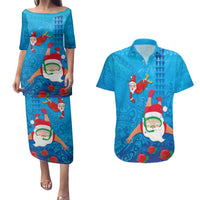 Hawaiian Santa Claus Snorkeling Couples Matching Puletasi and Hawaiian Shirt Kakau and Polynesian Pattern LT03 Blue - Polynesian Pride