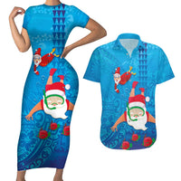 Hawaiian Santa Claus Snorkeling Couples Matching Short Sleeve Bodycon Dress and Hawaiian Shirt Kakau and Polynesian Pattern LT03 Blue - Polynesian Pride