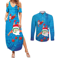 Hawaiian Santa Claus Snorkeling Couples Matching Summer Maxi Dress and Long Sleeve Button Shirt Kakau and Polynesian Pattern LT03 Blue - Polynesian Pride
