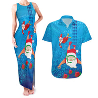 Hawaiian Santa Claus Snorkeling Couples Matching Tank Maxi Dress and Hawaiian Shirt Kakau and Polynesian Pattern LT03 Blue - Polynesian Pride