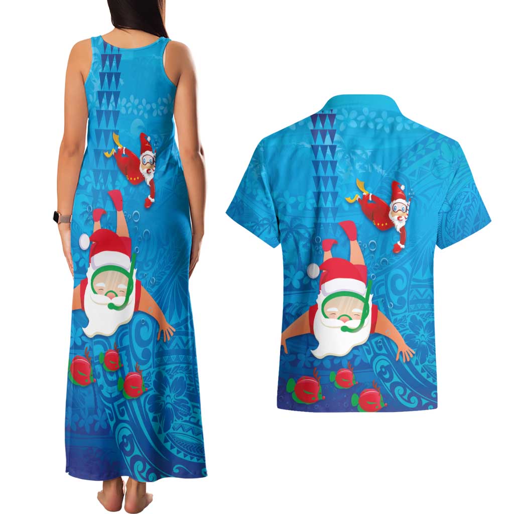 Hawaiian Santa Claus Snorkeling Couples Matching Tank Maxi Dress and Hawaiian Shirt Kakau and Polynesian Pattern LT03 - Polynesian Pride
