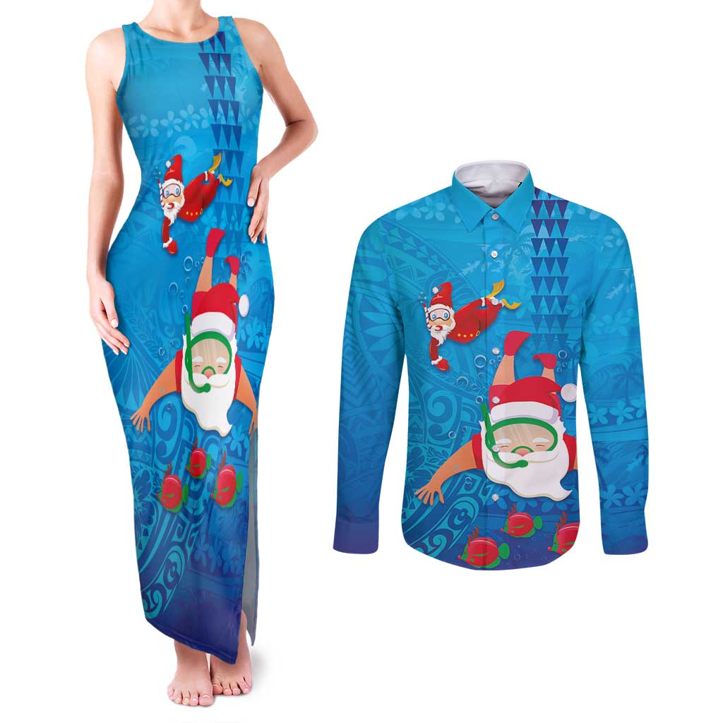 Hawaiian Santa Claus Snorkeling Couples Matching Tank Maxi Dress and Long Sleeve Button Shirt Kakau and Polynesian Pattern LT03 Blue - Polynesian Pride