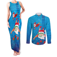 Hawaiian Santa Claus Snorkeling Couples Matching Tank Maxi Dress and Long Sleeve Button Shirt Kakau and Polynesian Pattern LT03 Blue - Polynesian Pride