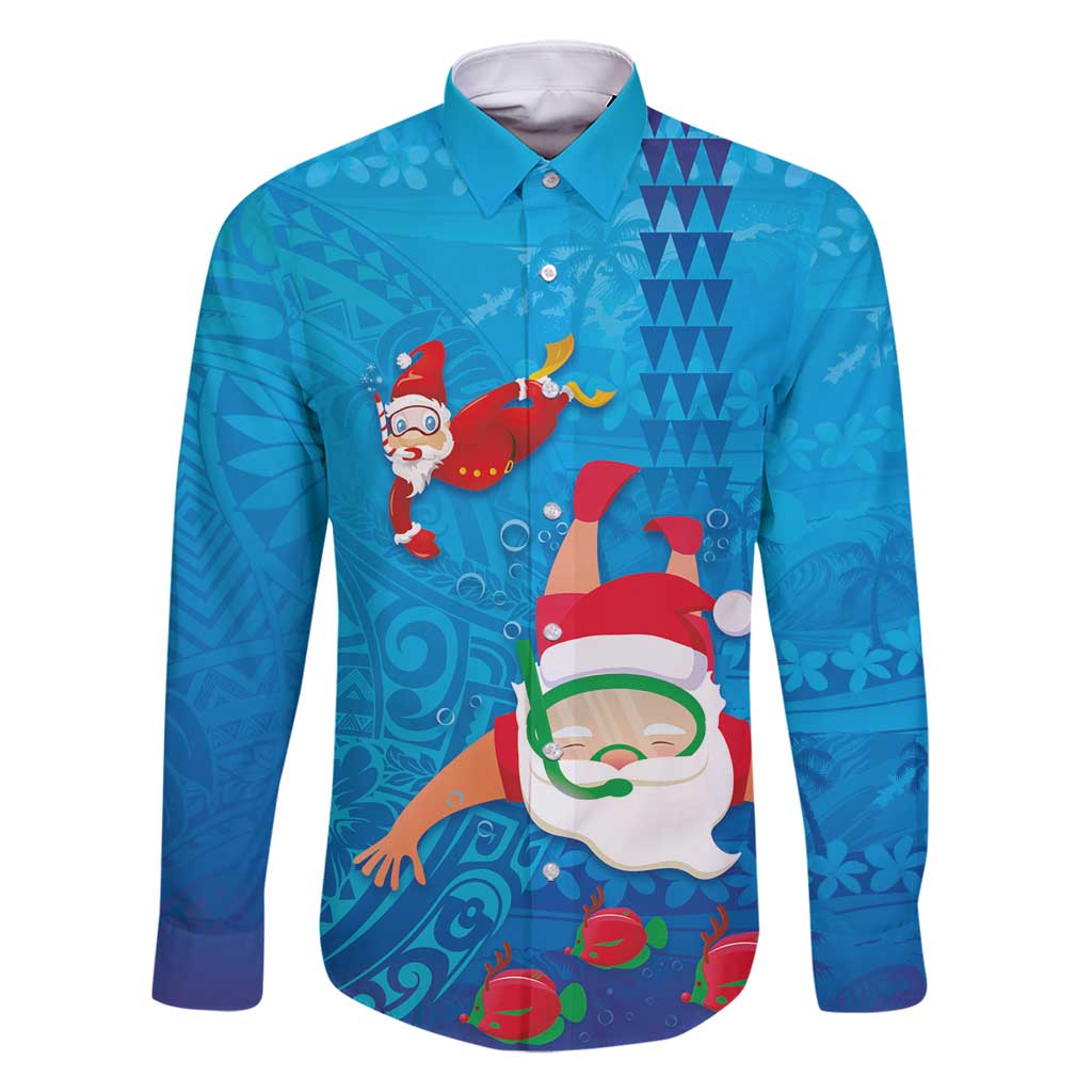 Hawaiian Santa Claus Snorkeling Family Matching Long Sleeve Bodycon Dress and Hawaiian Shirt Kakau and Polynesian Pattern LT03 Dad's Shirt - Long Sleeve Blue - Polynesian Pride