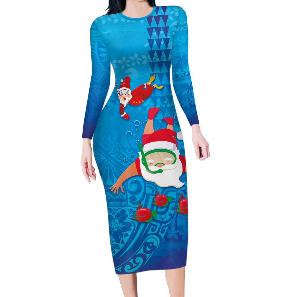 Hawaiian Santa Claus Snorkeling Family Matching Long Sleeve Bodycon Dress and Hawaiian Shirt Kakau and Polynesian Pattern LT03 Mom's Dress Blue - Polynesian Pride