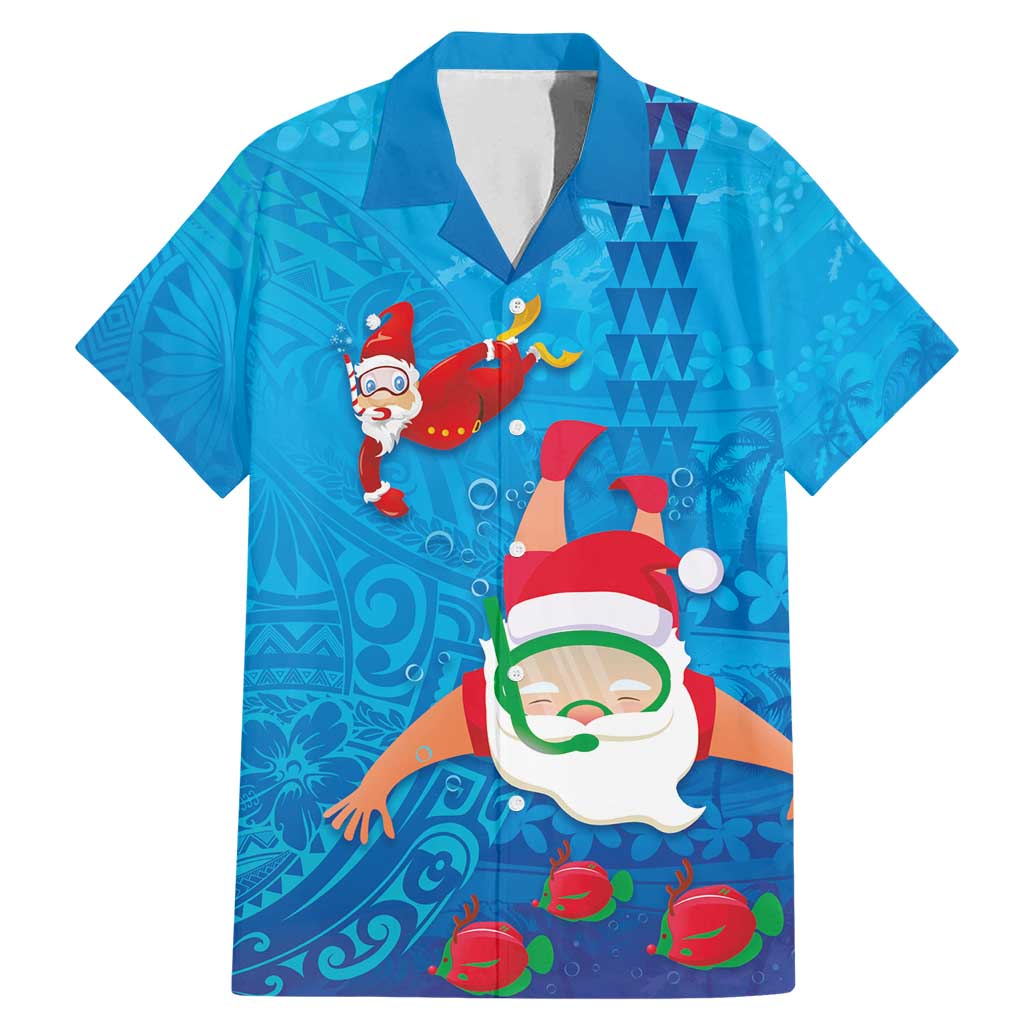Hawaiian Santa Claus Snorkeling Family Matching Mermaid Dress and Hawaiian Shirt Kakau and Polynesian Pattern LT03 Dad's Shirt - Short Sleeve Blue - Polynesian Pride