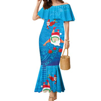 Hawaiian Santa Claus Snorkeling Family Matching Mermaid Dress and Hawaiian Shirt Kakau and Polynesian Pattern LT03 Mom's Dress Blue - Polynesian Pride