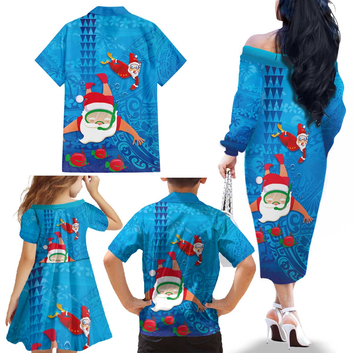 Hawaiian Santa Claus Snorkeling Family Matching Off The Shoulder Long Sleeve Dress and Hawaiian Shirt Kakau and Polynesian Pattern LT03 - Polynesian Pride