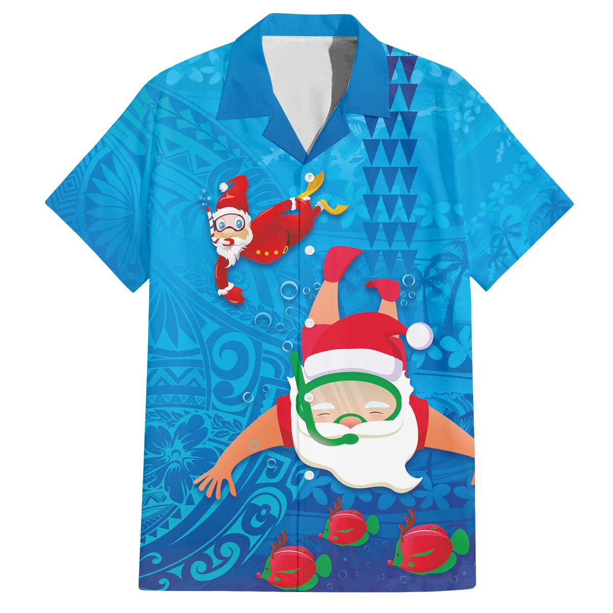 Hawaiian Santa Claus Snorkeling Family Matching Off The Shoulder Long Sleeve Dress and Hawaiian Shirt Kakau and Polynesian Pattern LT03 Dad's Shirt - Short Sleeve Blue - Polynesian Pride