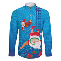 Hawaiian Santa Claus Snorkeling Family Matching Off The Shoulder Long Sleeve Dress and Hawaiian Shirt Kakau and Polynesian Pattern LT03 Dad's Shirt - Long Sleeve Blue - Polynesian Pride