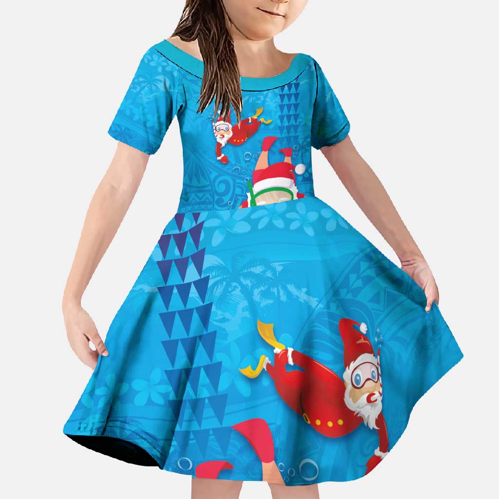 Hawaiian Santa Claus Snorkeling Family Matching Off Shoulder Maxi Dress and Hawaiian Shirt Kakau and Polynesian Pattern LT03 Daughter's Dress Blue - Polynesian Pride