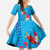 Hawaiian Santa Claus Snorkeling Family Matching Off Shoulder Maxi Dress and Hawaiian Shirt Kakau and Polynesian Pattern LT03 Daughter's Dress Blue - Polynesian Pride