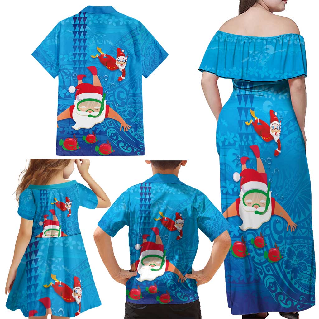 Hawaiian Santa Claus Snorkeling Family Matching Off Shoulder Maxi Dress and Hawaiian Shirt Kakau and Polynesian Pattern LT03 - Polynesian Pride