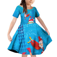 Hawaiian Santa Claus Snorkeling Family Matching Off Shoulder Short Dress and Hawaiian Shirt Kakau and Polynesian Pattern LT03 Daughter's Dress Blue - Polynesian Pride