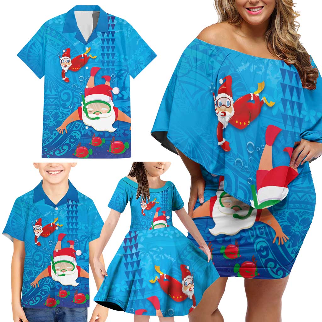 Hawaiian Santa Claus Snorkeling Family Matching Off Shoulder Short Dress and Hawaiian Shirt Kakau and Polynesian Pattern LT03 - Polynesian Pride